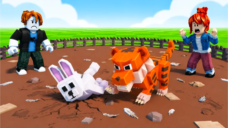 The game's thumbnail: an orange tiger-like pet crouching over a white rabbit-like pet lying on its side in a fenced dirt arena, with two Roblox avatars reacting behind them, green grass and a black stake fence behind the ring, and a bright blue sky with white clouds